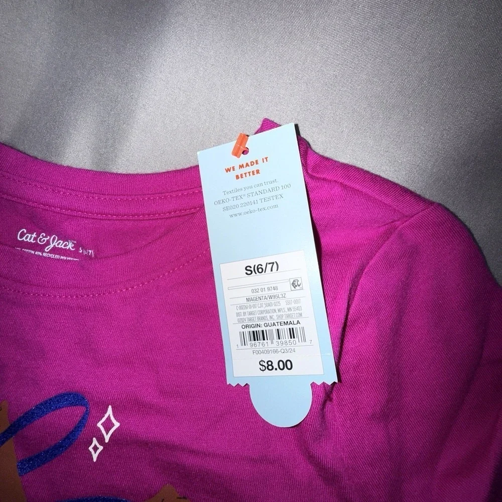 Cat & Jack Gymnastics Graphic Tee Kids S 6/7 Magenta NEW Glitter Ribbon Shirt